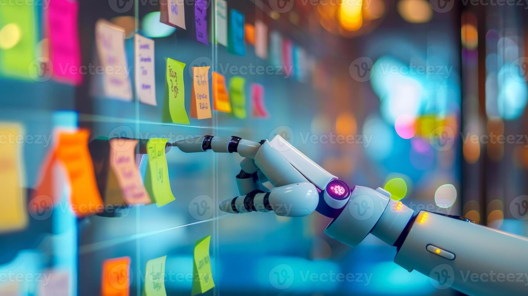 AI generated Agile software development scrum methodology boards. workflow, robot Finger touching virtual interface.AI generative photo