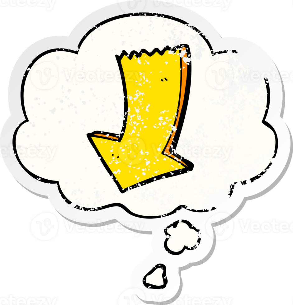 cartoon pointing arrow and thought bubble as a distressed worn sticker png