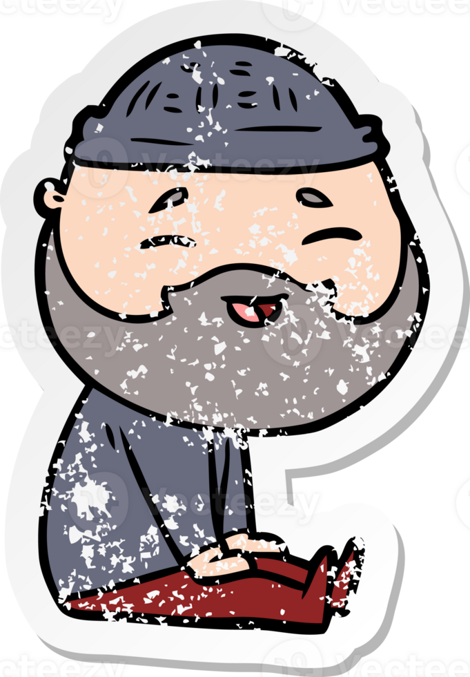 distressed sticker of a cartoon happy bearded man png