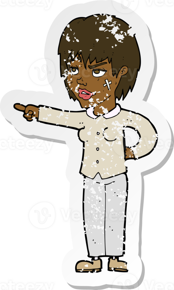 retro distressed sticker of a cartoon woman pointing png