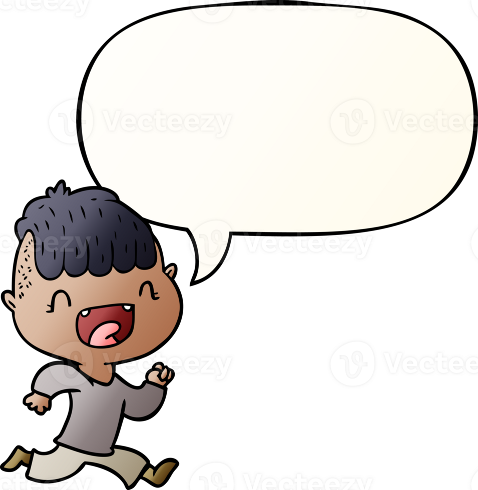 cartoon happy boy laughing and running away and speech bubble in smooth gradient style png