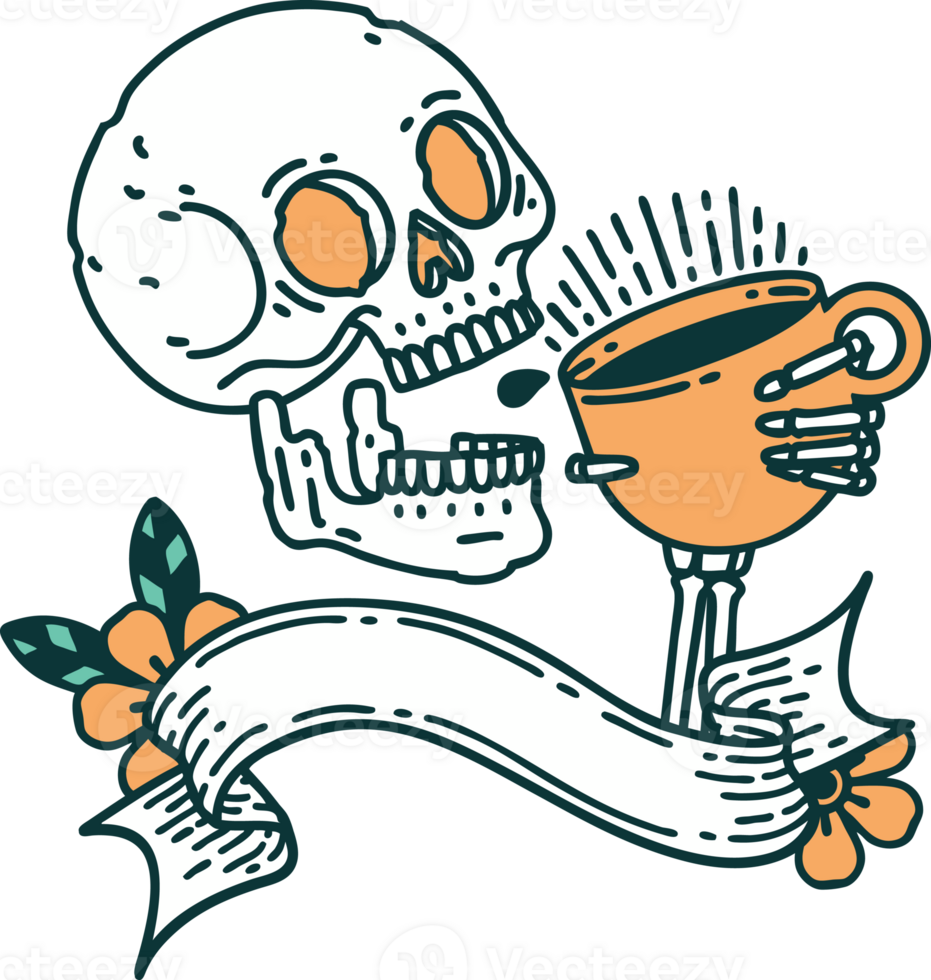tattoo with banner of a skull drinking coffee png