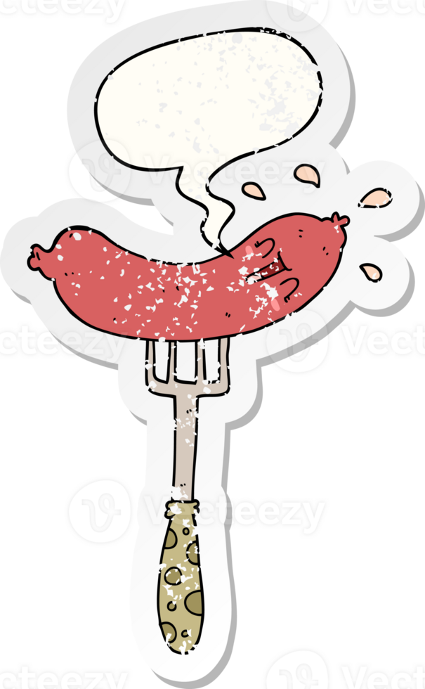 cartoon happy sausage on fork and speech bubble distressed sticker png