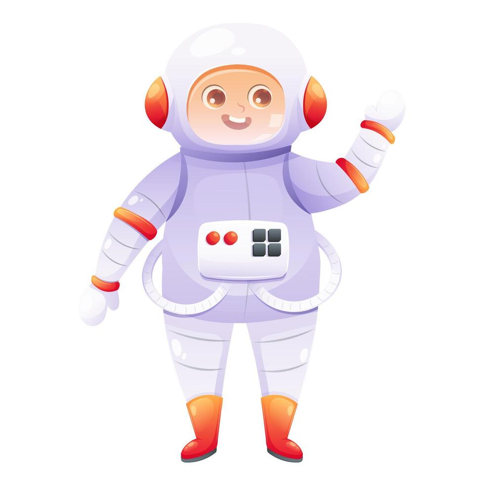 Cute astronaut in white spacesuit waves his hand. Vector character with gradient in cartoon style for kids. Illustration for Cosmonautics Day