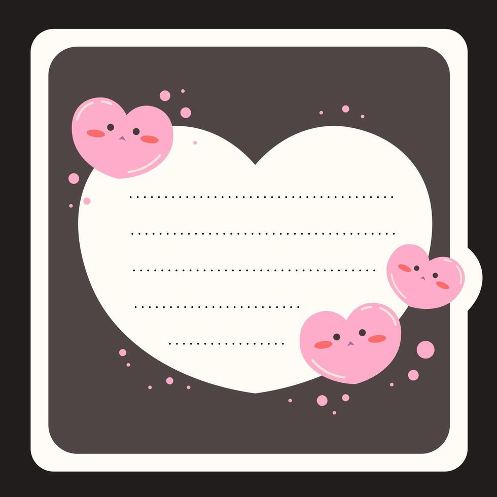 Sticky note template with lines for text. Memo paper in black with hearts. Vector illustration for printing, design, scrapbooking, notebooks
