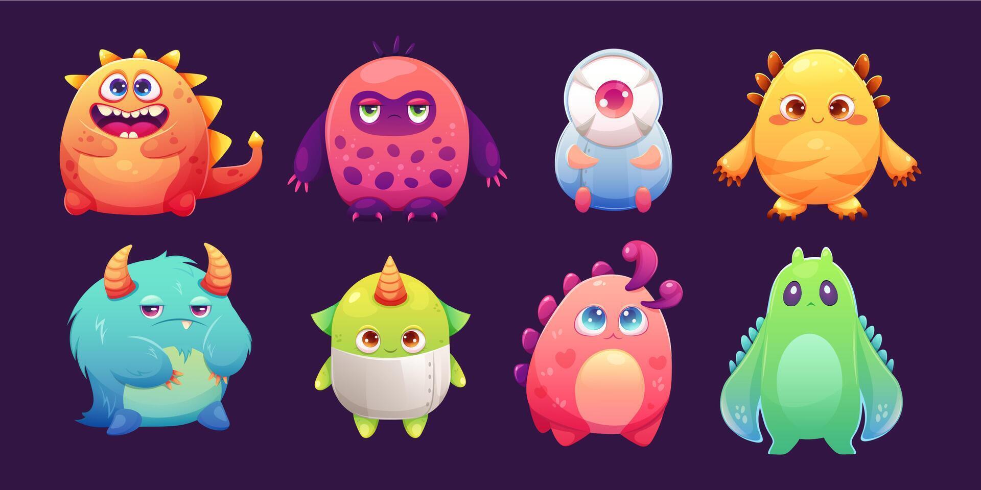 Set of cute space monsters with big eyes in gradient colors. Vector illustration, print for children about space and galaxy