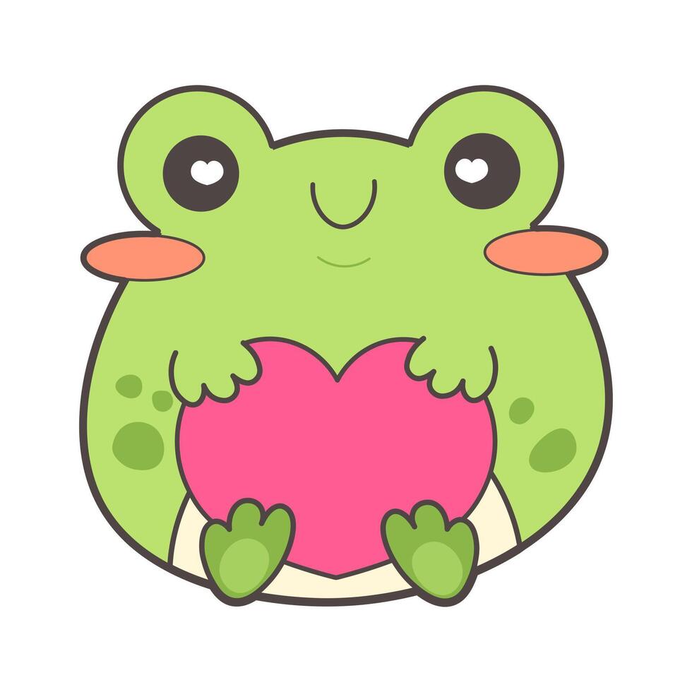 Cute kawaii frog in love holds heart in its paws. Vector illustration on white background, funny sticker