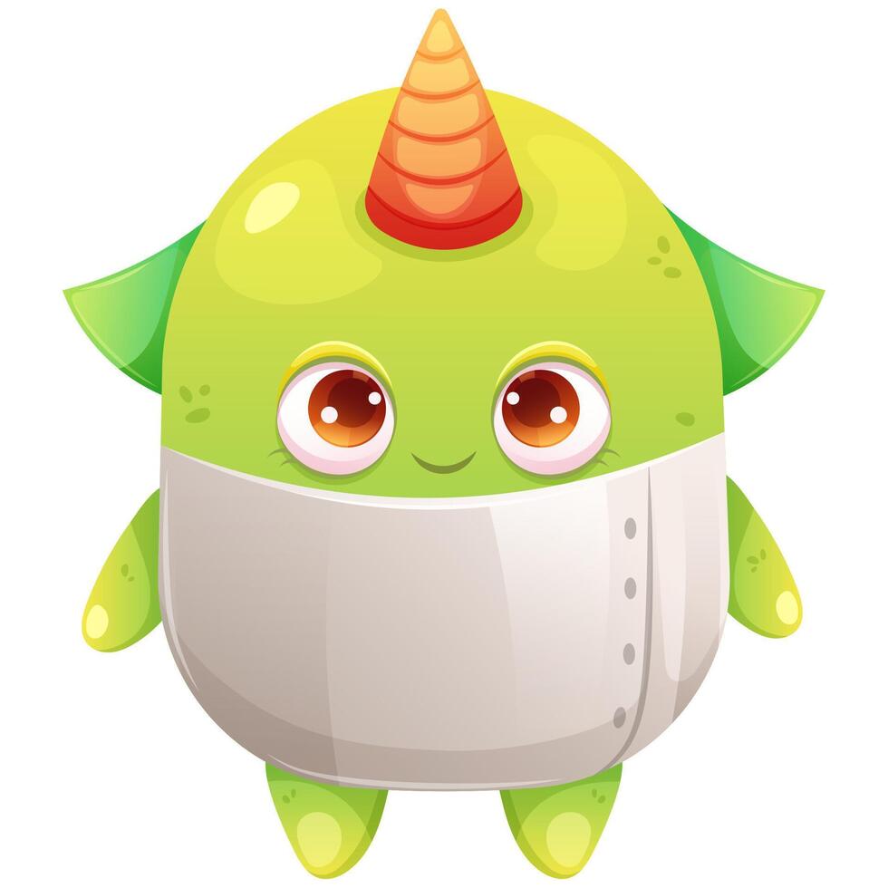 Cute green alien with horn and big eyes. Space monster. Vector illustration in cartoon style with gradient for children