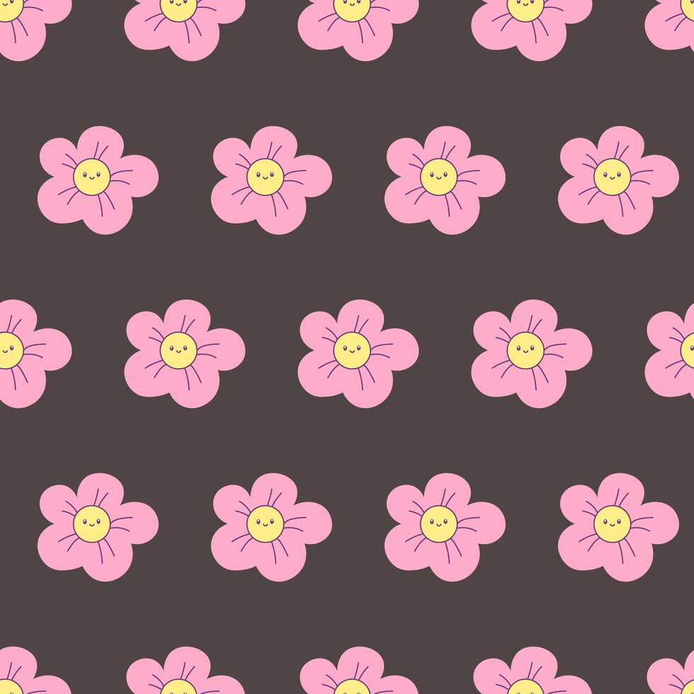 Cute seamless pattern with pink kawaii flowers on black background. Vector illustration in Korean, Japanese style for prints and printing