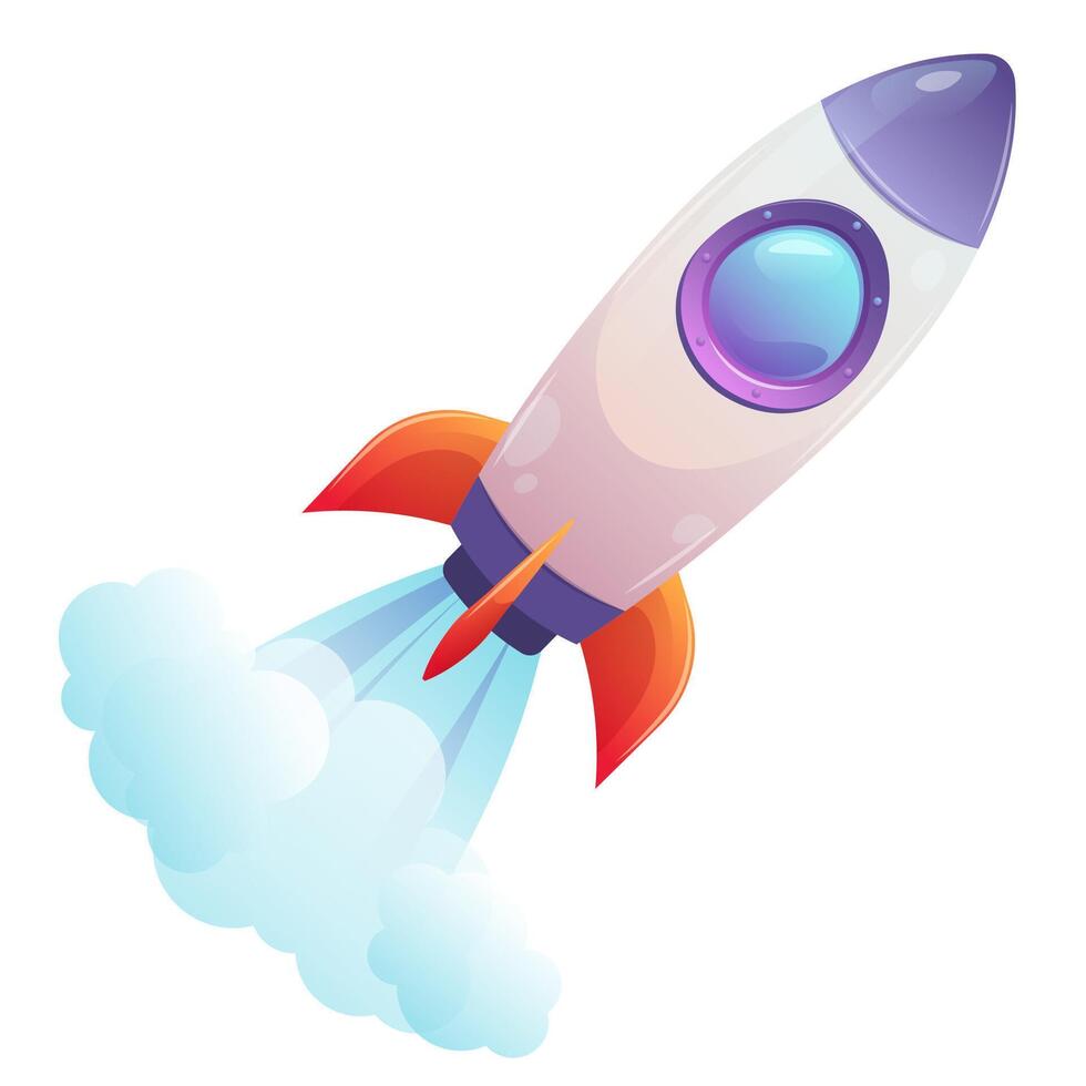 Cartoon rocket on white background. Vector illustration for children on the theme of space, astronautics, galactic adventures