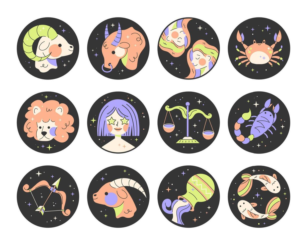 Set of 12 zodiac signs. Cartoon vector illustration for fortune telling, horoscopes, astrology in flat trending style