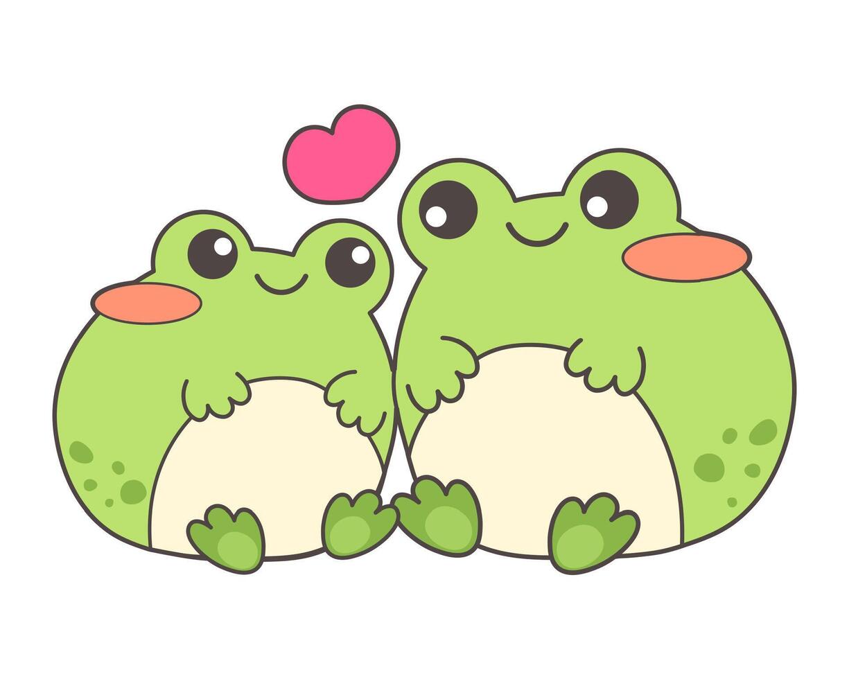 Loving pair of kawaii frogs with heart. Vector illustration on white background, funny sticker