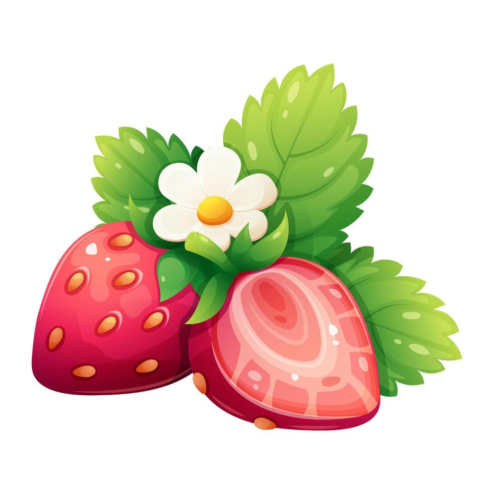rojo fresas con flor y hojas en blanco antecedentes. dibujos animados vector ilustración en degradado para orgánico productos, verano postres y bebidas