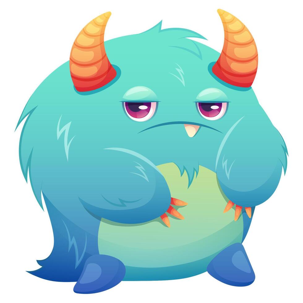 Blue fluffy space monster with displeased face. Vector illustration in cartoon style with gradient about space and galactic adventures for children
