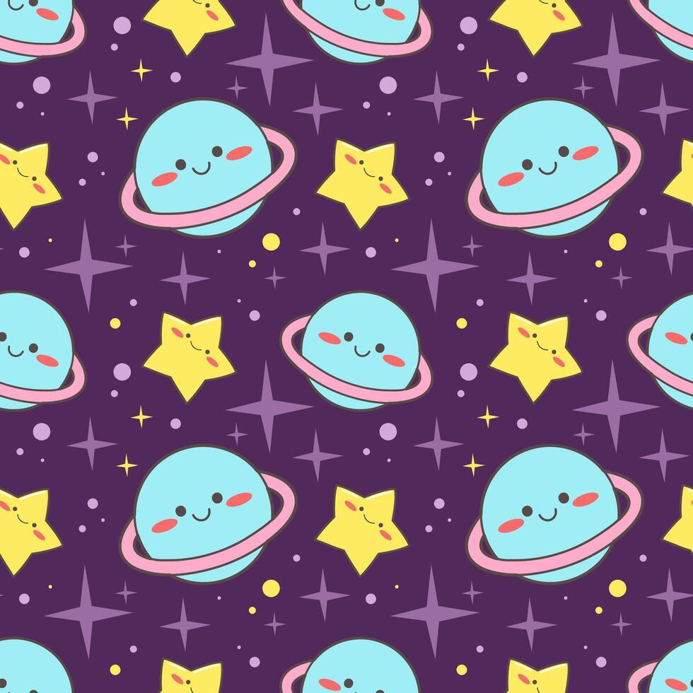 Cute seamless pattern on black of space for kids. A pattern with planets and stars. Vector illustration in Korean, Japanese style for prints and printing