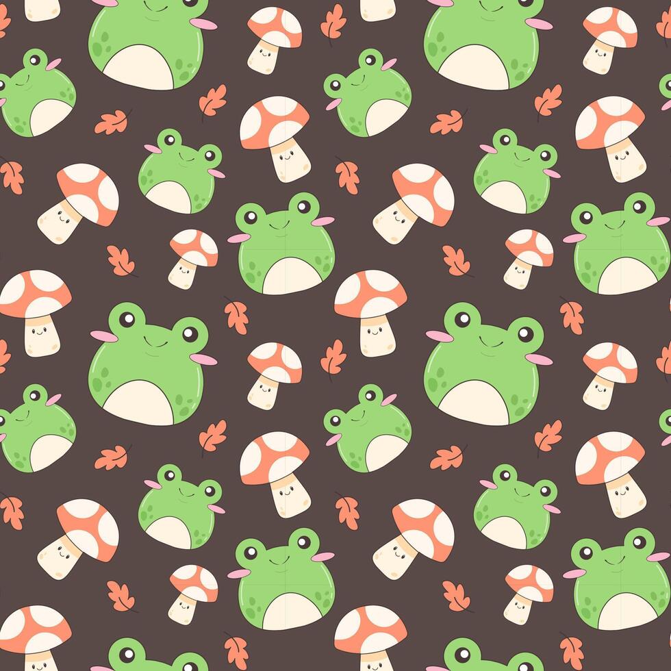 Cute seamless pattern in black with frogs, fly agaric and autumn leaves. Vector illustration in Korean, Japanese style for prints and printing