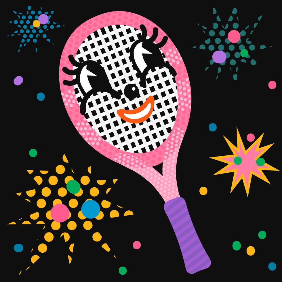 vistoso ilustración de dibujos animados personaje patinar tenis raqueta vector