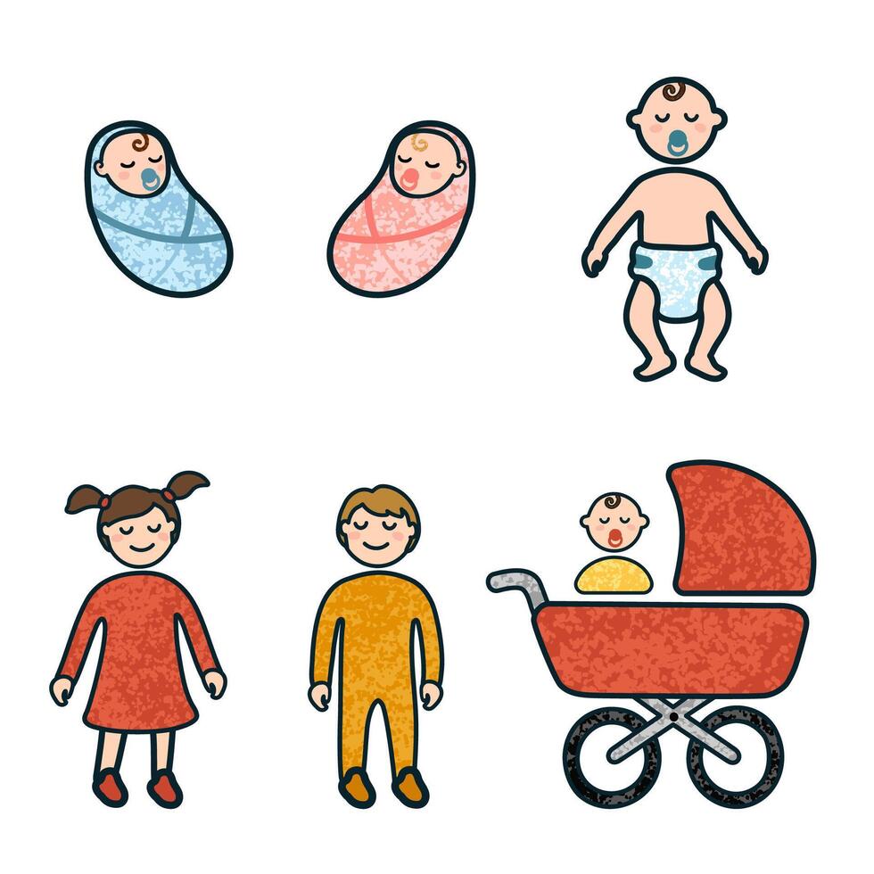 Vector Colorful Icon Set With Illustrations of Kids Isolated on White Background