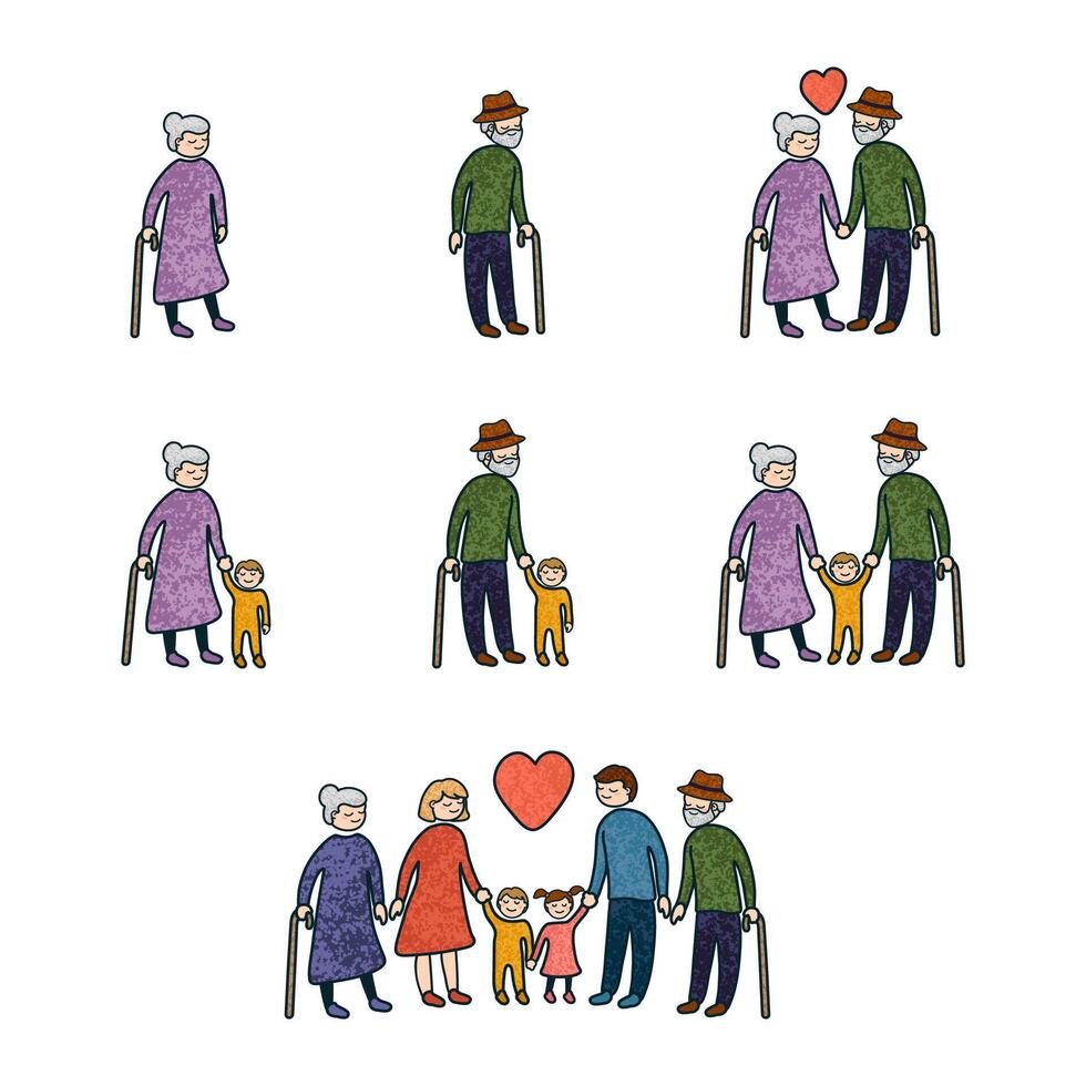 vector vistoso icono conjunto con ilustraciones de abuelos aislado en blanco antecedentes