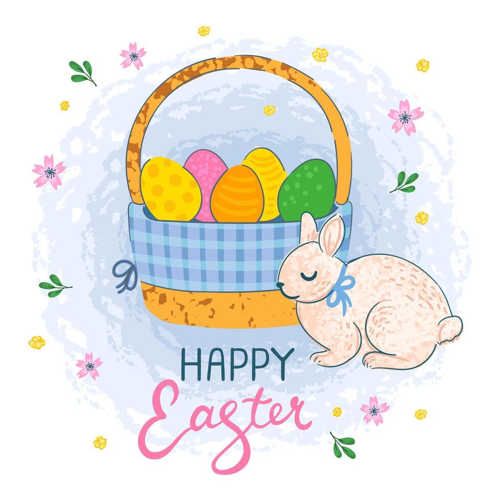 Vector Colorful Greeting Card with Illustration of Egg Basket, Bunny, Flowers and Hand Drawn Littering Happy Easter