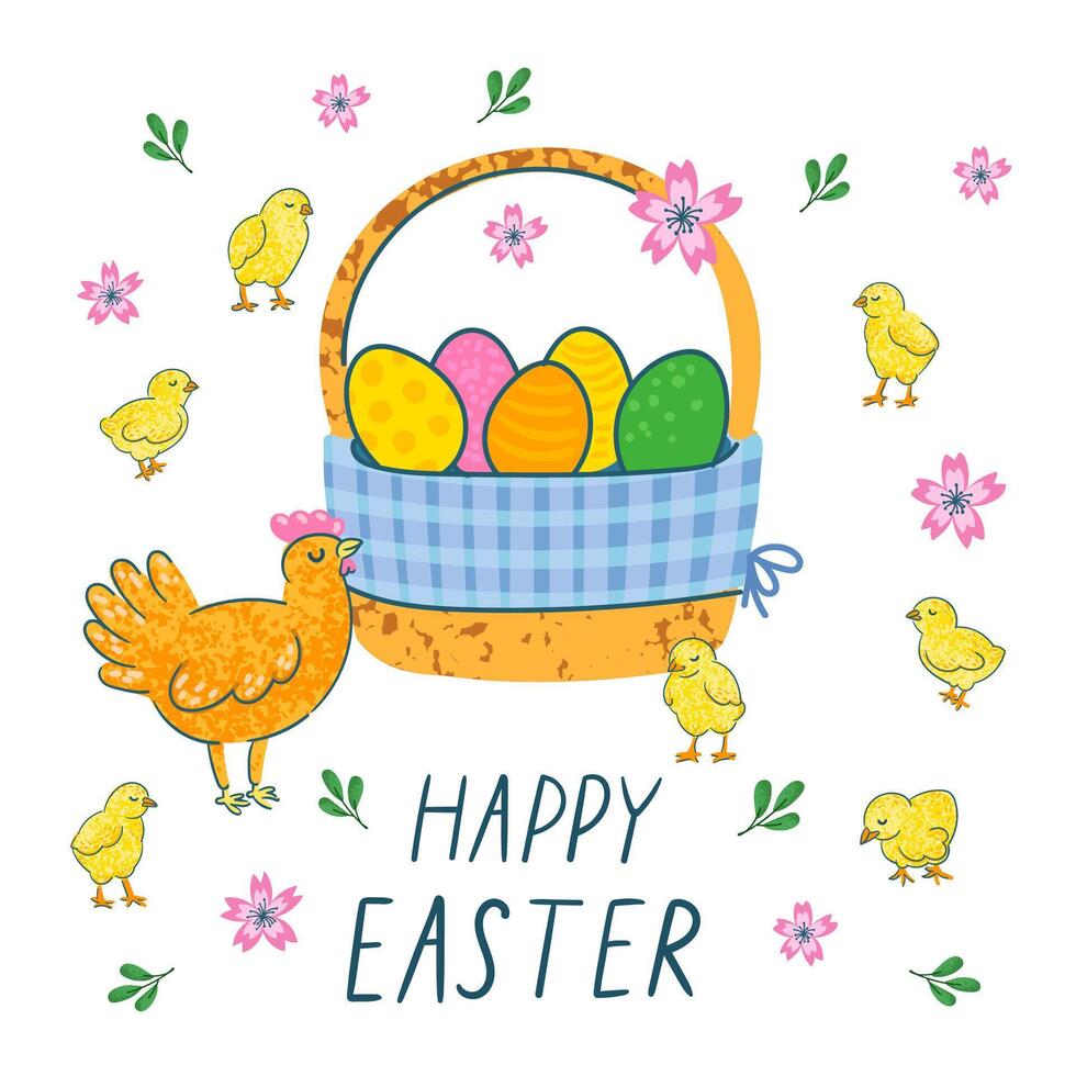 Vector Colorful Greeting Card with Illustration of Egg Basket, Chicken, flowers and Hand Drawn Littering Happy Easter