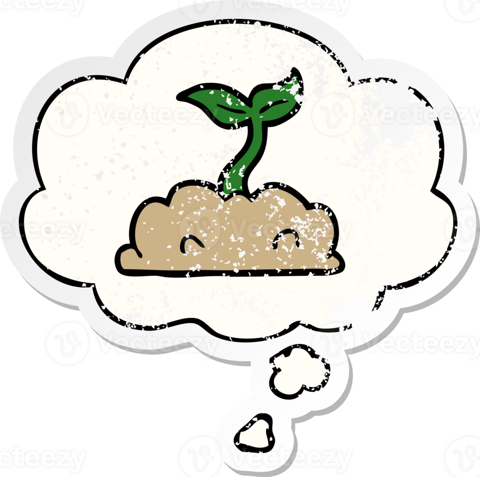 cartoon growing seedling and thought bubble as a distressed worn sticker png