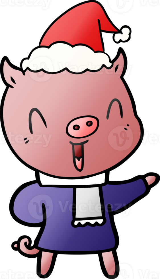 happy gradient cartoon of a pig in winter clothes wearing santa hat png