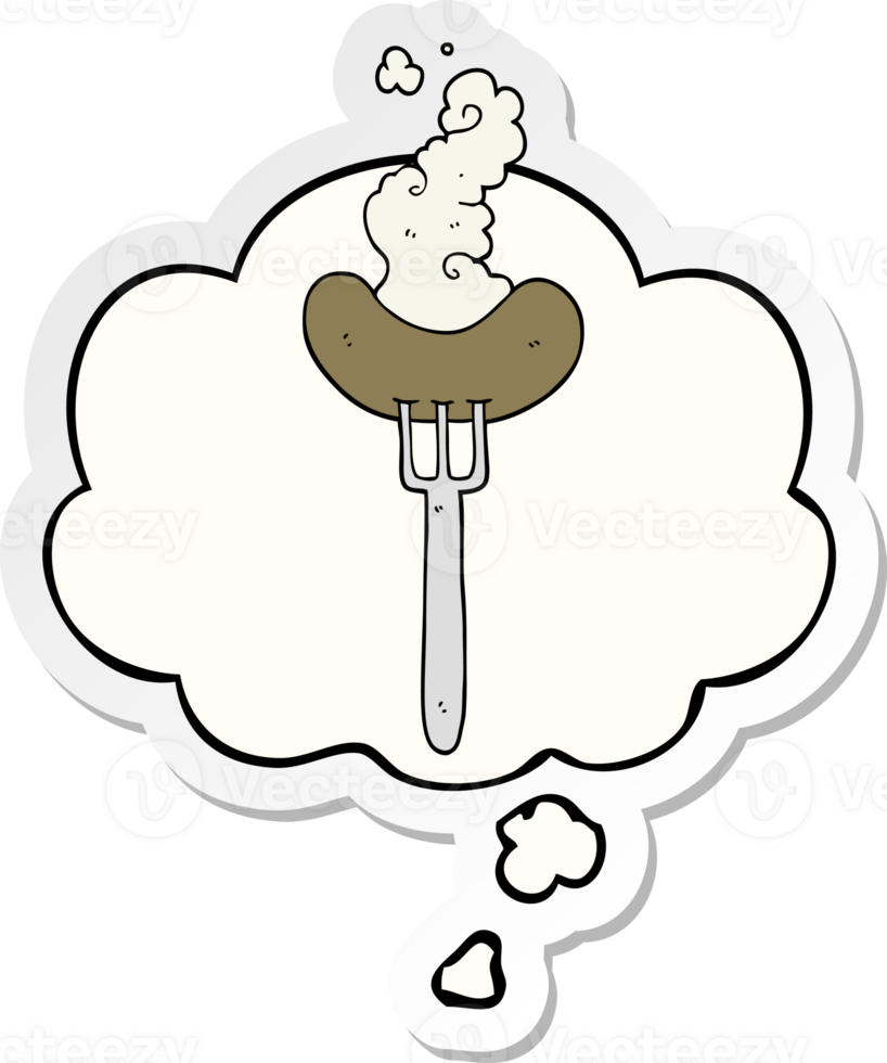 cartoon sausage on fork and thought bubble as a printed sticker png