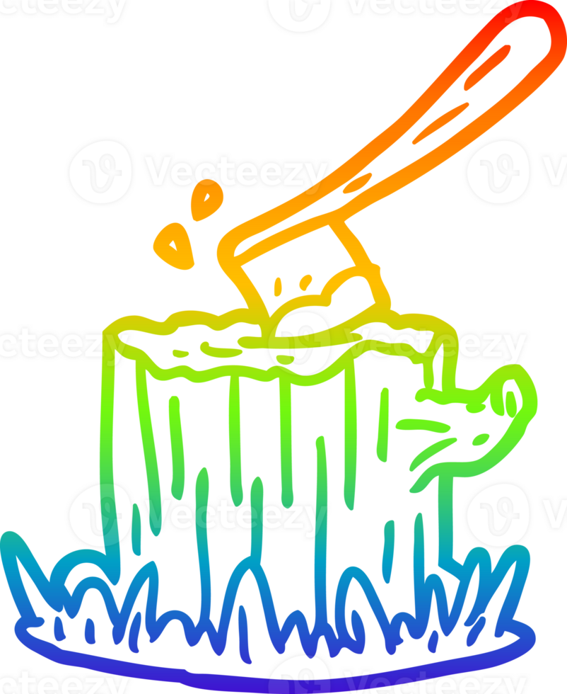 rainbow gradient line drawing axe stuck in tree stump png
