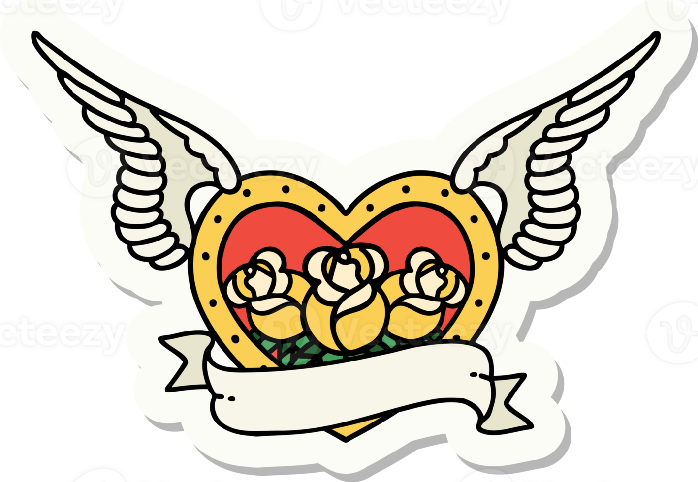 tattoo style sticker of a flying heart with flowers and banner png
