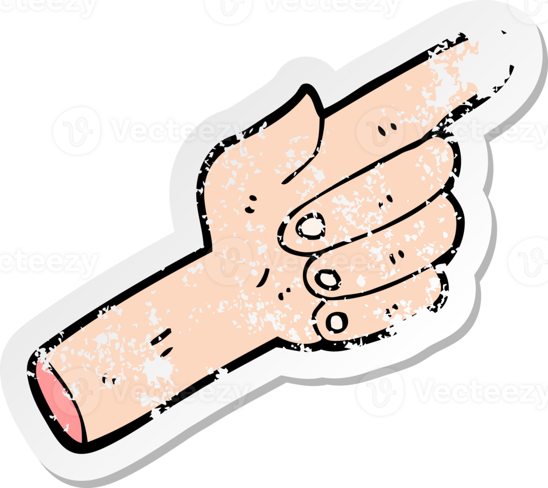 retro distressed sticker of a cartoon pointing hand png