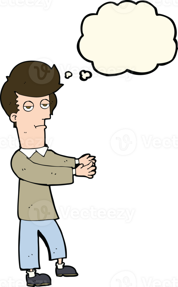 cartoon bored man showing the way with thought bubble png