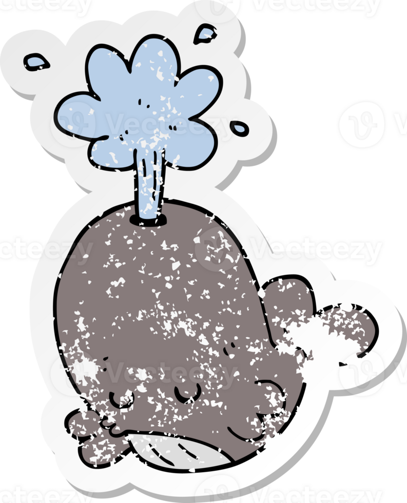 distressed sticker of a cartoon spouting whale png