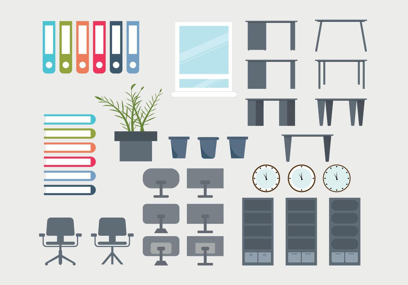 Vector collection of modern trendy flat business and office furniture icons.