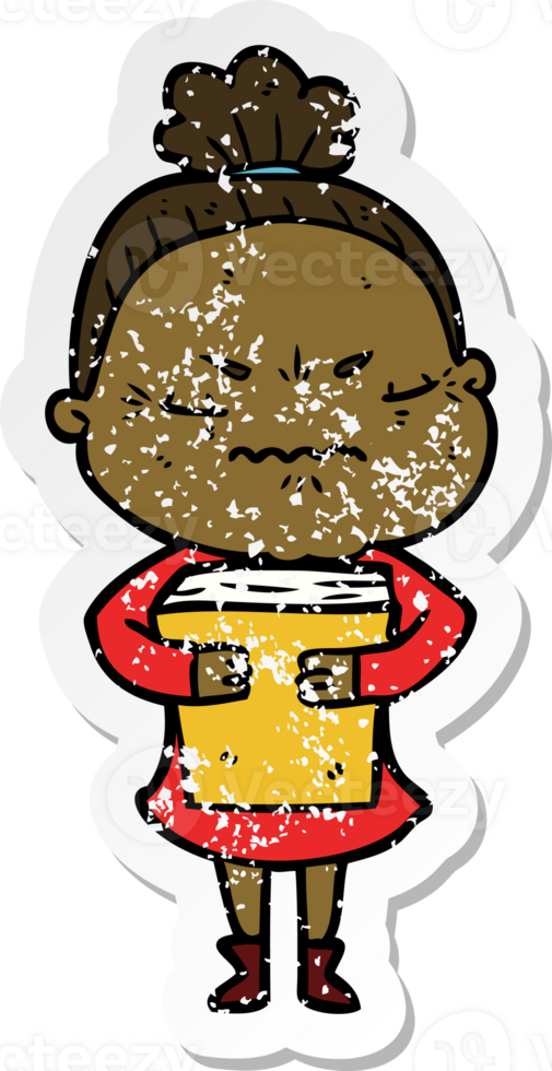 distressed sticker of a cartoon annoyed old lady png