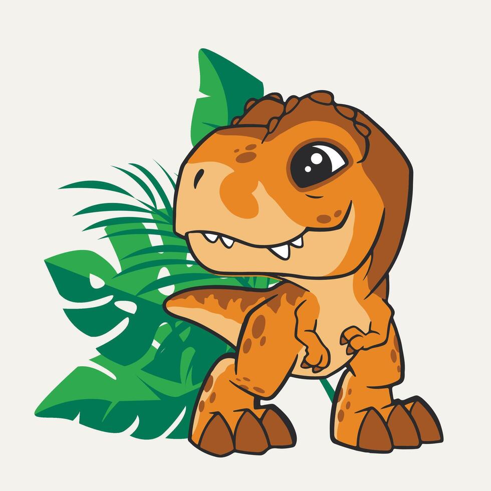 a cartoon t - rex dinosaur standing in front of a green plant vector