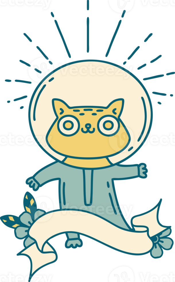 banner with tattoo style cat in astronaut suit png