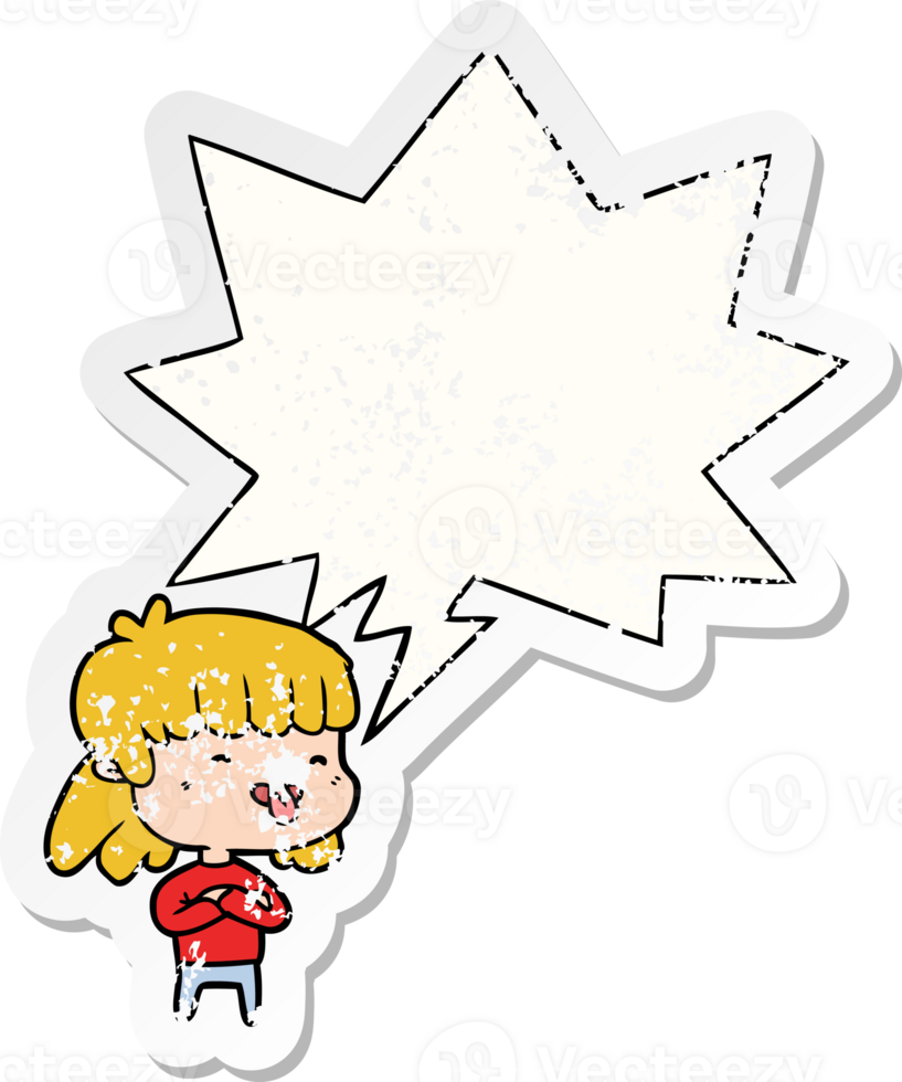 cartoon girl sticking out tongue and speech bubble distressed sticker png