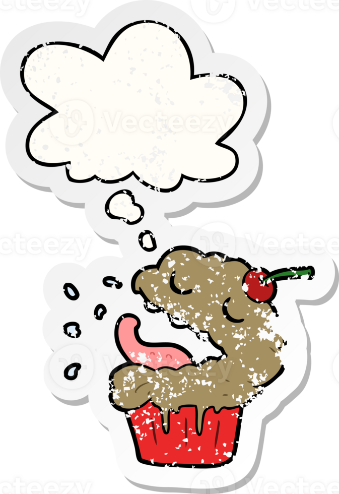 cartoon cupcake and thought bubble as a distressed worn sticker png