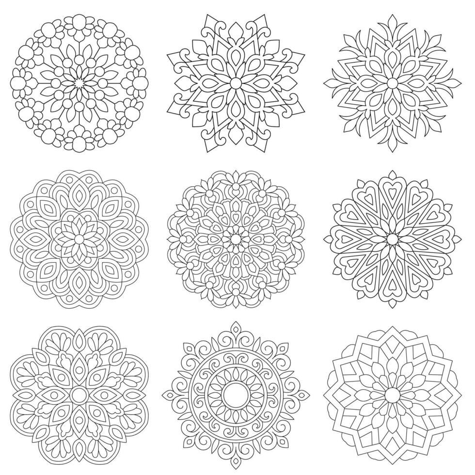 9 9 conjunto fácil mandala para colorante libro diseño vector