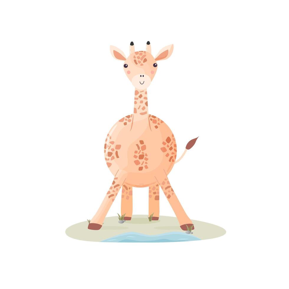 Cute vector cartoon giraffe standing next to river.