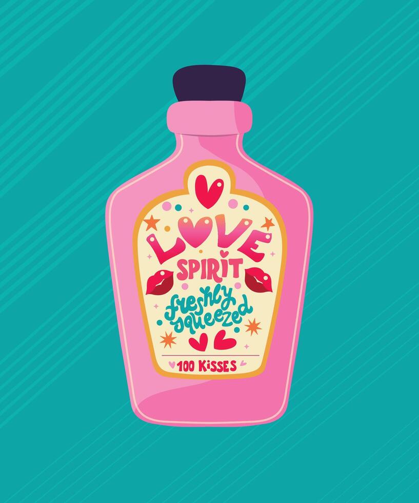 Pink bottle with hand lettering love spirit. Cute Valentine festive holiday illustration. Bright colorful pink and blue vector design.