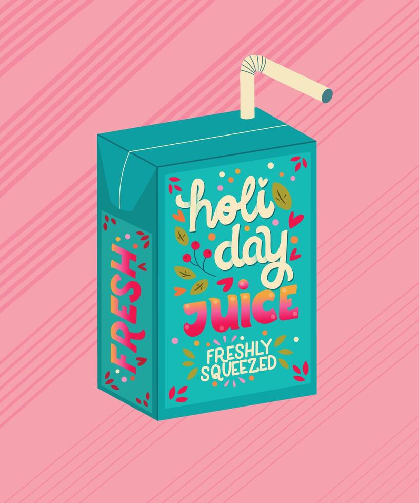 Juice box with hand lettering holiday juice. Cute festive winter holiday illustration. Bright colorful pink and blue vector design.