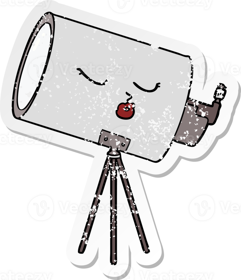 distressed sticker of a cartoon telescope with face png