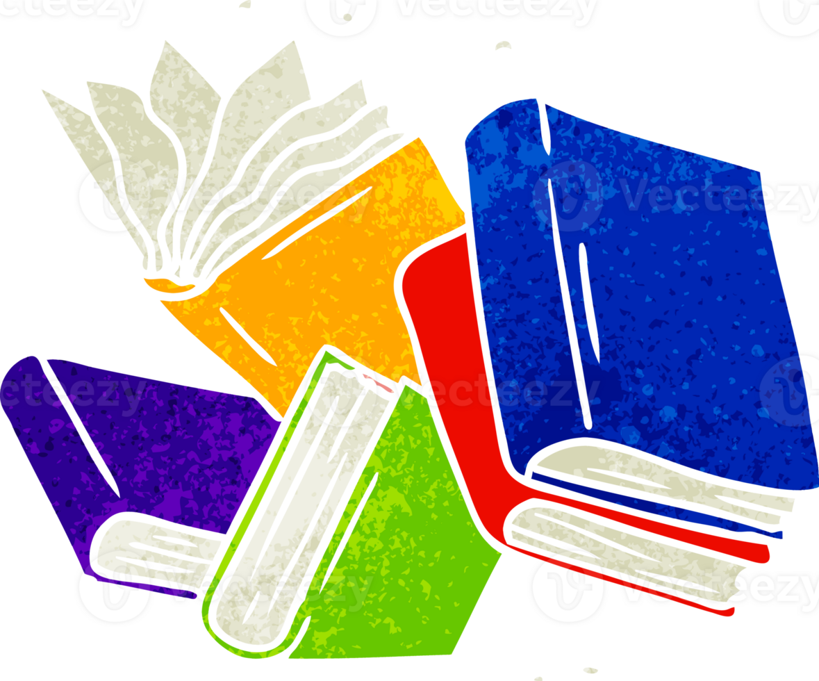 retro cartoon doodle of a collection of books png