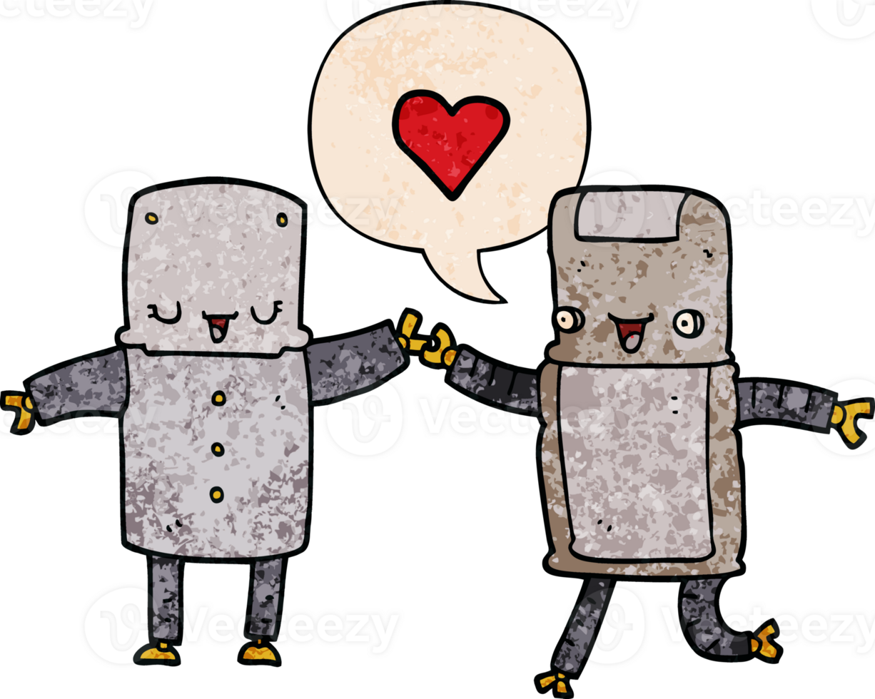 cartoon robots in love and speech bubble in retro texture style png
