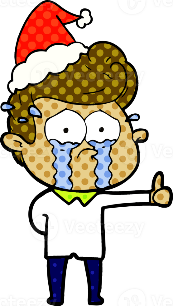 comic book style illustration of a crying man wearing santa hat png