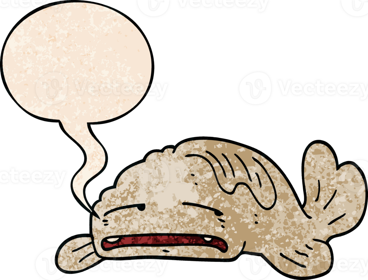 cartoon sad old fish and speech bubble in retro texture style png