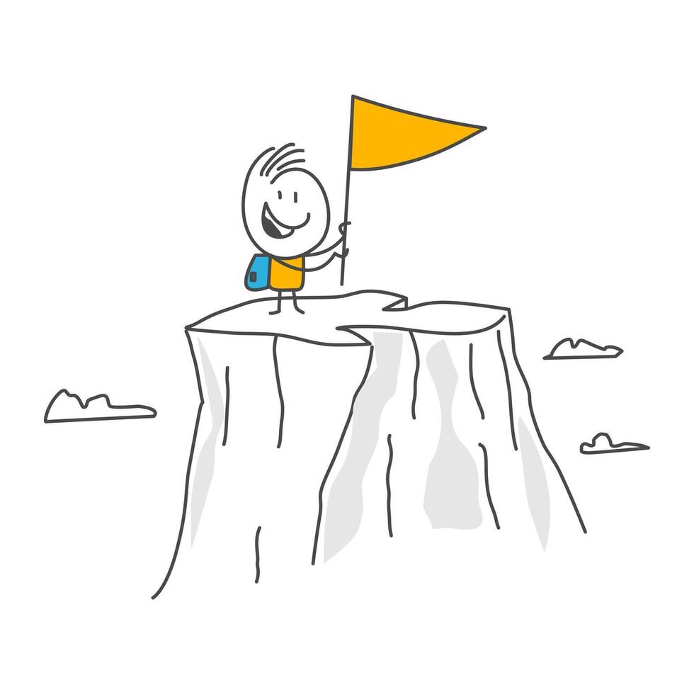 Stick figures. Reach the peak. Hand drawn doodle line art cartoon design character. vector