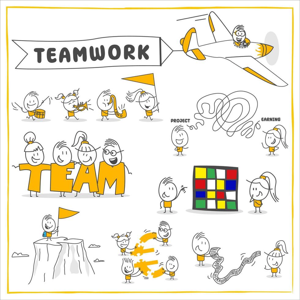 Stick figures. Teamwork. Hand drawn doodle line art cartoon design character. vector